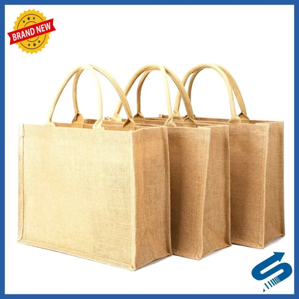 Large Natural Burlap Jute Canvas Tote Bags 3 Pack Reusable Eco-Friendly